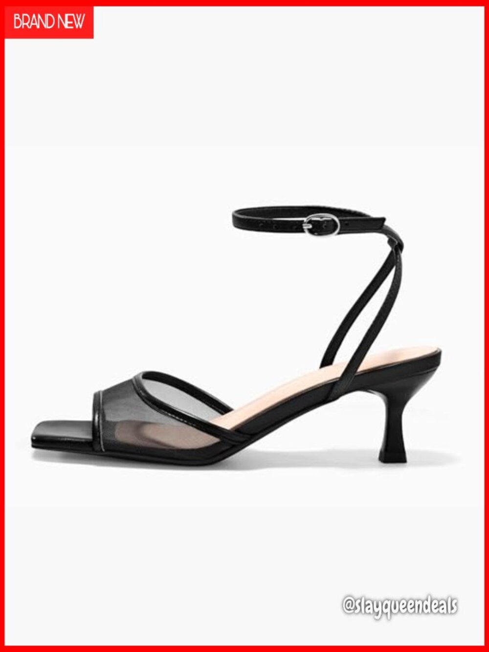 Women's Kitten Heel Strappy Sandals Mesh Square Toe Dress Shoes - Picture 5 of 7
